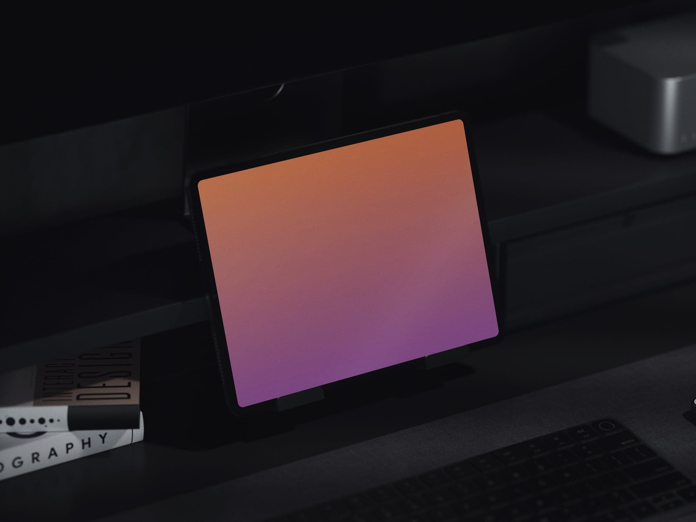 NOIR 09 iPad on a stand in a dark desk setup mockup preview