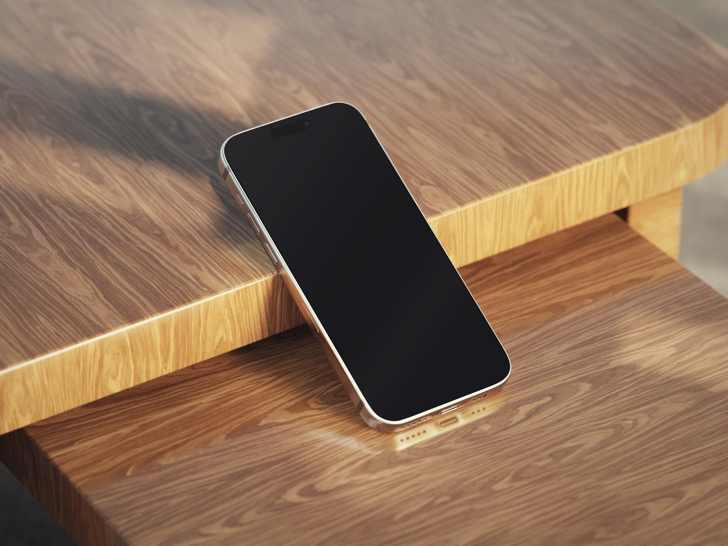 OAK 07 iPhone leaning on an oak shelf ledge mockup preview