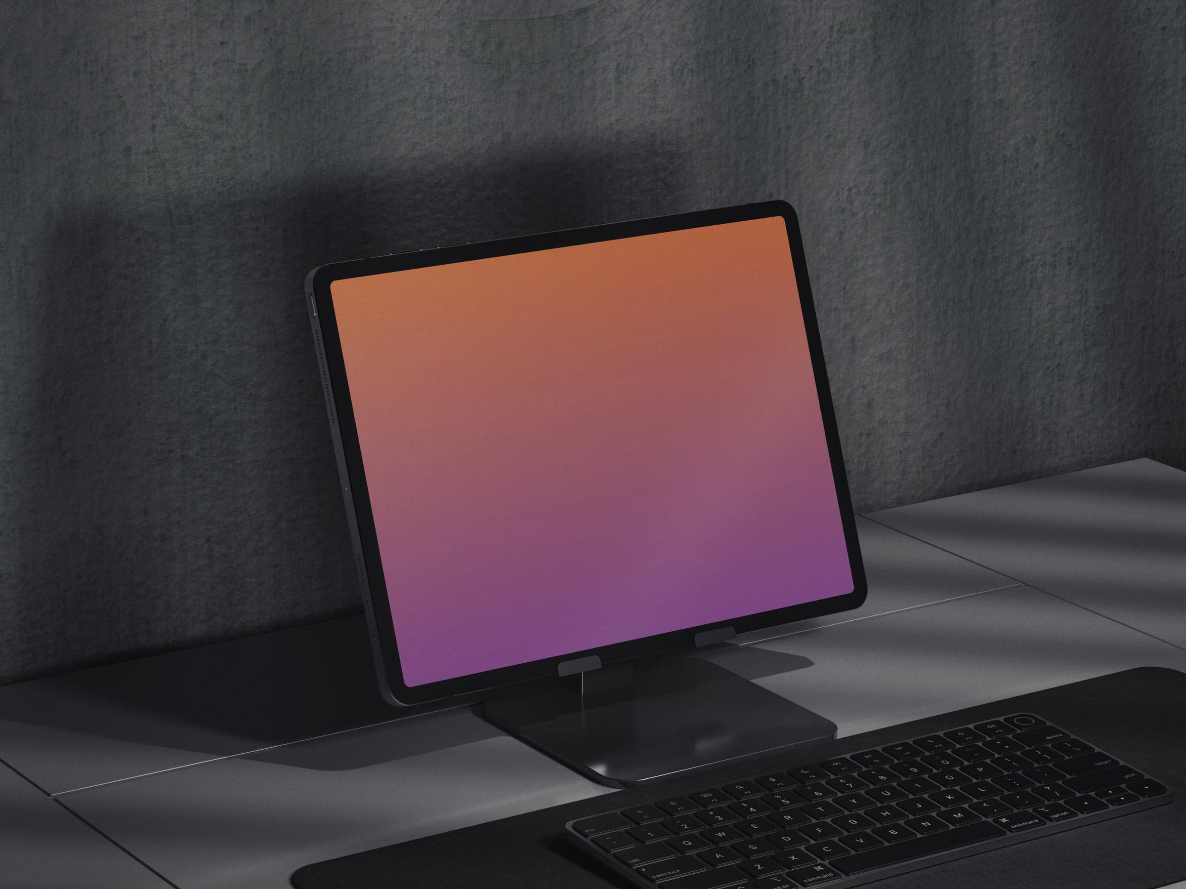 NOIR 11 iPad on a stand beside a keyboard on a dark desk mockup preview
