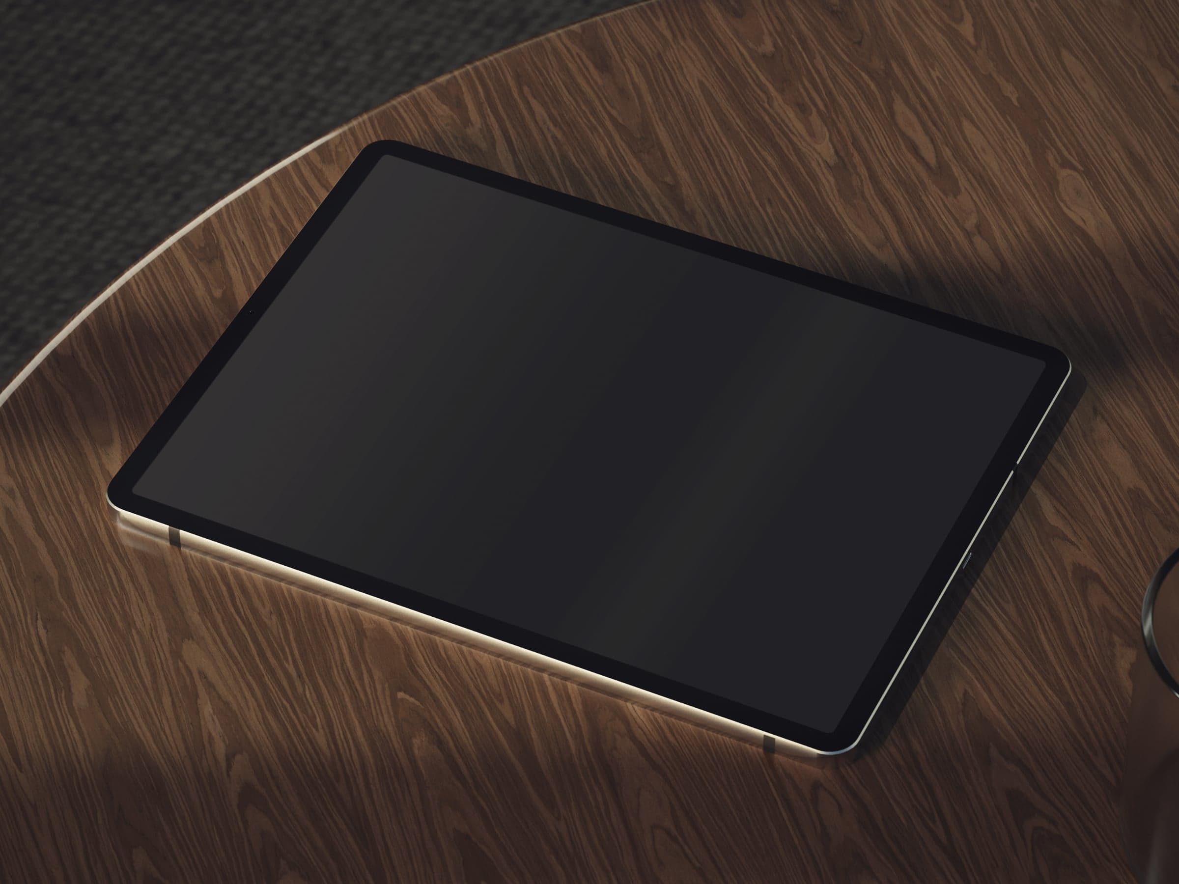 OAK 09 iPad on a round oak table in window shadows mockup preview