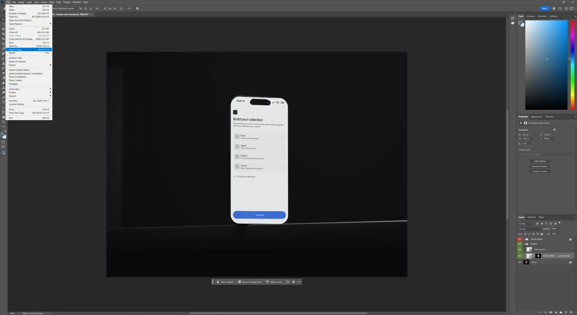 The mockup showing an app design on the phone, with Photoshop's File menu open at Save a Copy