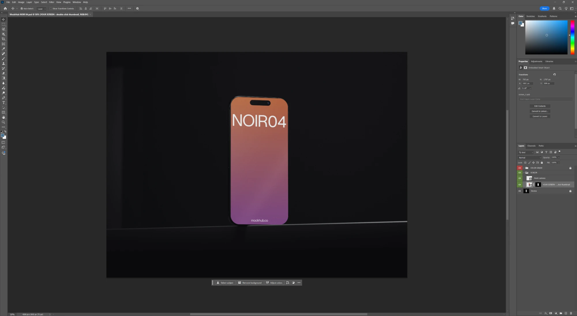 A MockHub PSD open in Photoshop with the YOUR SCREEN smart object layer selected